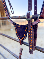 Sunrise Orange on Chocolate Suede BuckStitch Betty Bikini Breast Collar and Headstall set