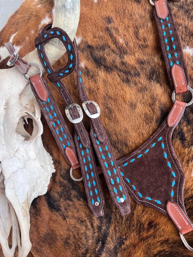 Turquoise Blue on Chocolate BuckStitch Betty Bikini Breast Collar and One Ear Headstall Set