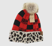 Buffalo Plaid with Leopard Pom Beanie