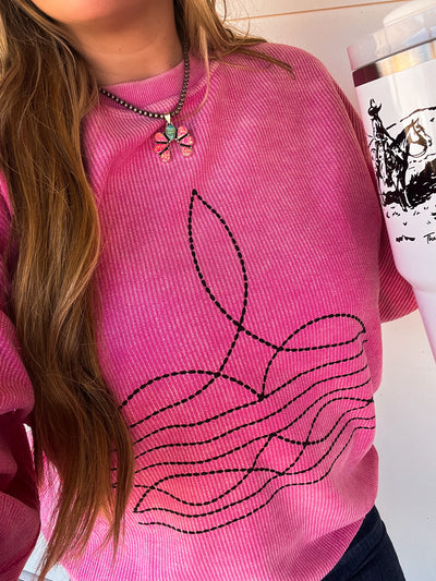 Boot Stitch Pink Corded Crew