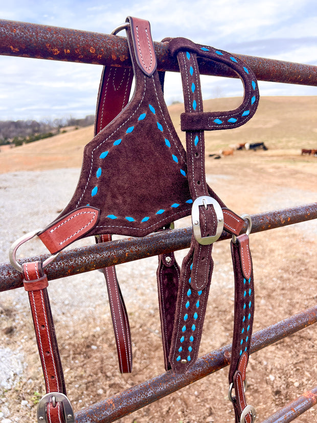 Turquoise Blue on Chocolate BuckStitch Betty Bikini Breast Collar and One Ear Headstall Set