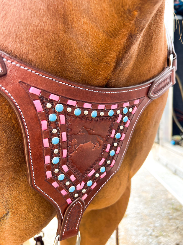 Luxe Bikini Breast Collar (pink buckstich and rimset turquoise)