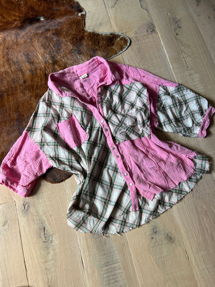 *BC* Small pink plaid patchwork top (oversize fit)