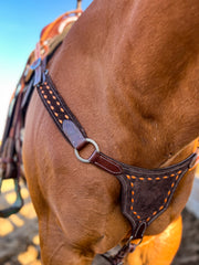 Sunrise Orange on Chocolate Suede BuckStitch Betty Bikini Breast Collar and Headstall set