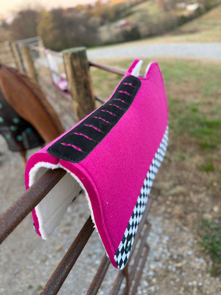 Pink Checks Out Wool Saddle Pad (Open Front)