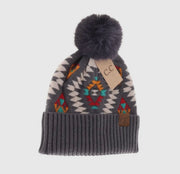 Gray Aztec Pom Beanie