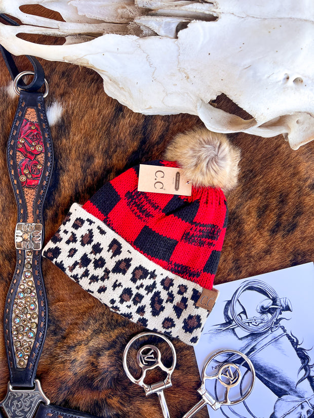 Buffalo Plaid with Leopard Pom Beanie