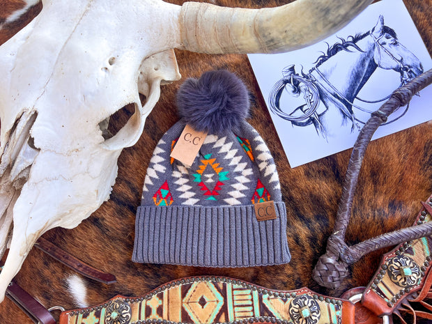 Gray Aztec Pom Beanie