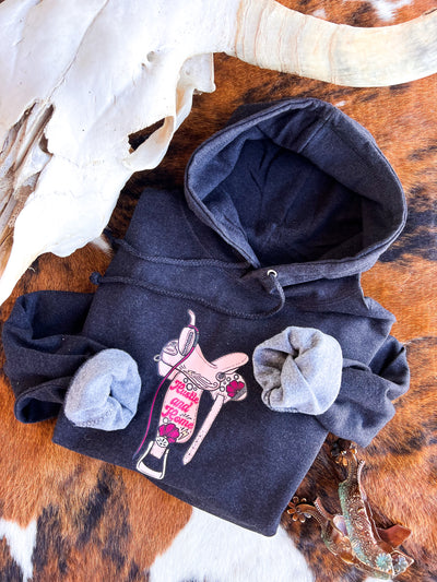 Saddle Secrets Hoodie (pink on charcoal)