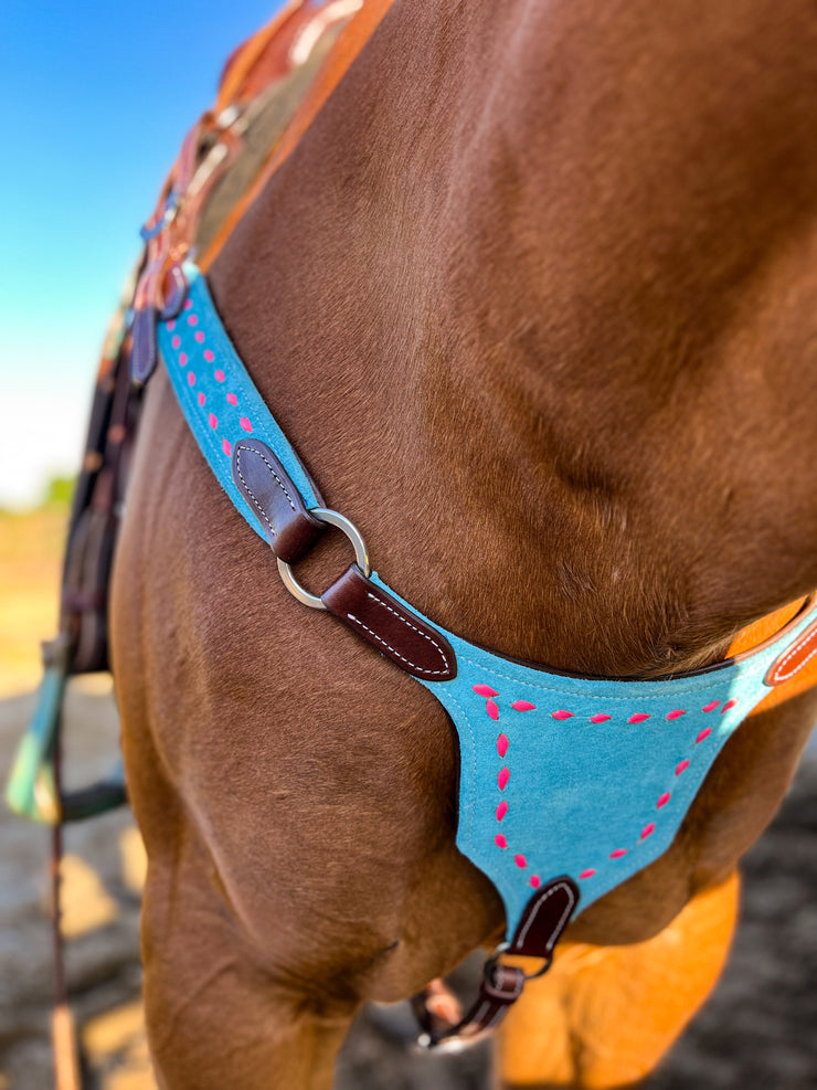 Pink on Turquoise BuckStich Betty Bikini Breast Collar